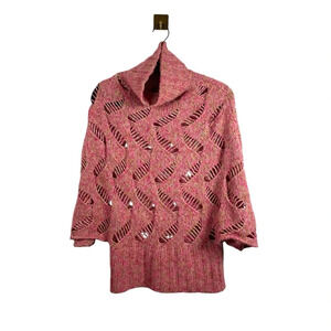 VINTAGE Sisley Open Knit Mock Neck Sweater Poncho in Pink Multi OS